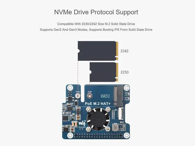 Alt view image 4 of 7 - POE M.2 HAT+ Expansion Board Combines Power Over Ethernet POE HAT and PCIe to M.2 Adapter for Raspberry Pi 5, Support IEEE 802.3af/at Network Standard and M.2 NVME Hard Drives of 2230/2242 Size