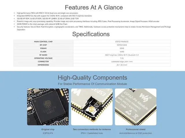 Alt view image 3 of 5 - ESP32-P4-Module High-Performance Development Board, Based on ESP32-P4 Chip with RISC-V Dual-core and Single-core Processors, Integrated ESP32-C6 Chip, Supports 2.4GHz Wi-Fi and Bluetooth 5.3