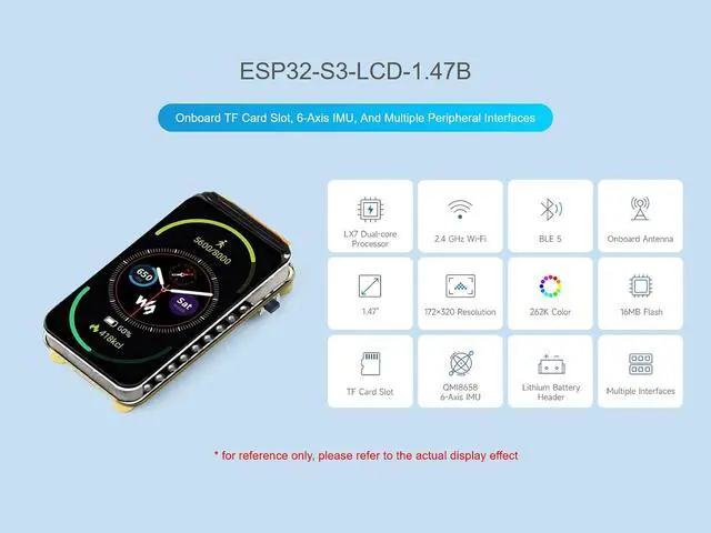Alt view image 2 of 7 - ESP32-S3 1.47inch LCD Display Development Board, 172×320 262K Color Display, Onboard TF Card Slot, 6-Axis IMU, etc. Built-in RGB LED, Support Wi-Fi/BLE 5, for Dev of ESP32-S3 HMI Applications