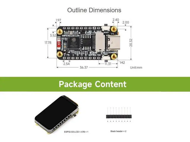 Alt view image 7 of 7 - ESP32-S3 1.47inch LCD Display Development Board, 172×320 262K Color Display, Onboard TF Card Slot, 6-Axis IMU, etc. Built-in RGB LED, Support Wi-Fi/BLE 5, for Dev of ESP32-S3 HMI Applications