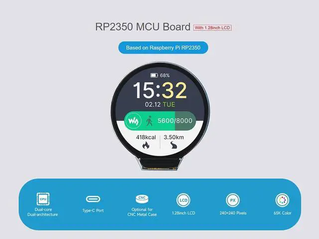 Alt view image 2 of 6 - RP2350 MCU Board Based on Raspberry Pi RP2350 Microcontroller Chip, Onboard 1.28inch LCD 240×240 Pixels 65K Colorful IPS Display, Dual-core & Dual-Architecture Design