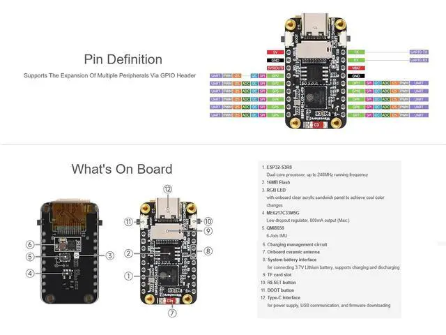 Alt view image 6 of 7 - ESP32-S3 1.47inch LCD Display Development Board, 172×320 262K Color Display, Onboard TF Card Slot, 6-Axis IMU, etc. Built-in RGB LED, Support 2.4GHz Wi-Fi and Bluetooth 5 (with Pinheader)