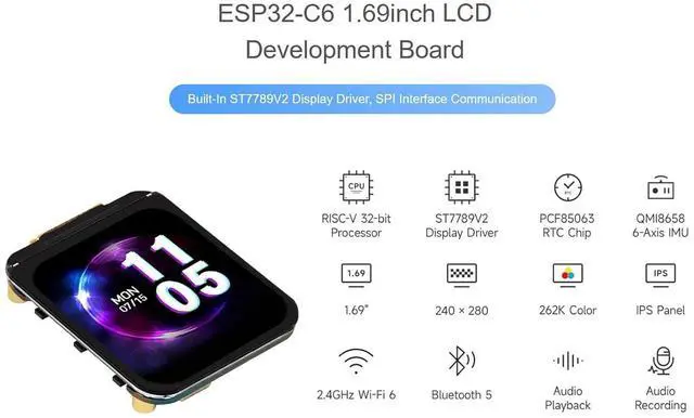 Alt view image 2 of 7 - ESP32-C6 1.69inch Display Dev Board, 240×280 262K LCD, 32-bit RISC-V Processor, Support Wi-Fi 6, IEEE 802.15.4 (Zigbee 3.0 and Thread), and Bluetooth 5, Support AI Voice Interaction