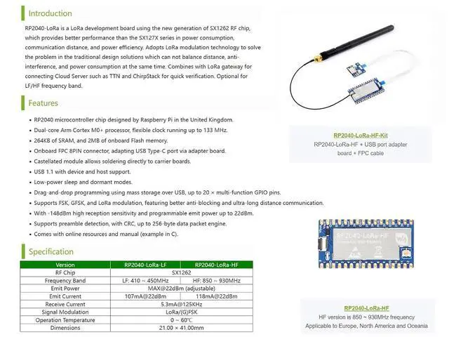 Alt view image 3 of 7 - LoRa Development Board Kit Based on Raspberry Pi RP2040 Microcontroller Chip, Integrate SX1262 RF Chip, 850~930MHz Frequency, Programmable Emit Power up to 22dBm, Long-Range Communication