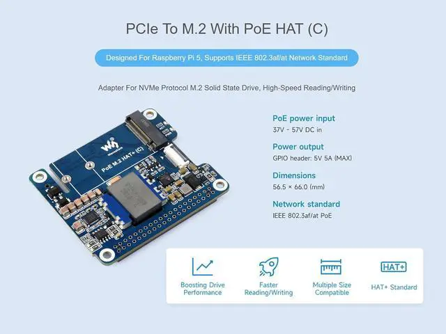Alt view image 2 of 7 - PCIe to M.2 with PoE Ethernet Power Supply HAT for Raspberry Pi 5, Support NVMe Protocol M.2 Solid State Drive in 2230/2242 Size, IEEE 802.3af/at PoE Network Standard, 5V 5A Power Output