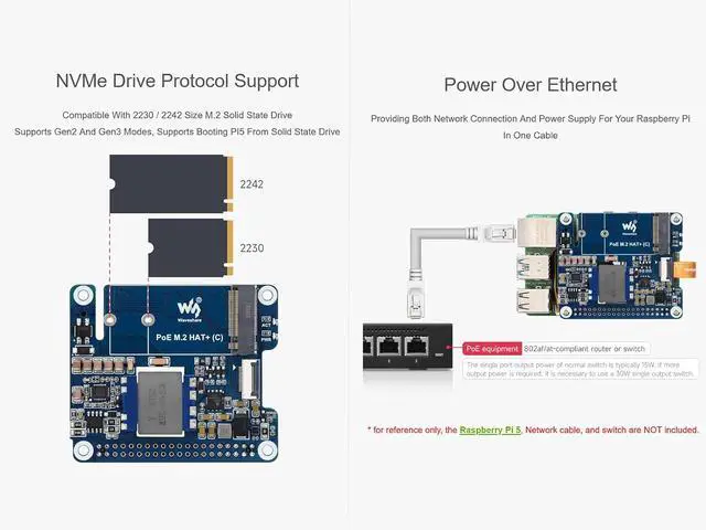 Alt view image 4 of 7 - PCIe to M.2 with PoE Ethernet Power Supply HAT for Raspberry Pi 5, Support NVMe Protocol M.2 Solid State Drive in 2230/2242 Size, IEEE 802.3af/at PoE Network Standard, 5V 5A Power Output