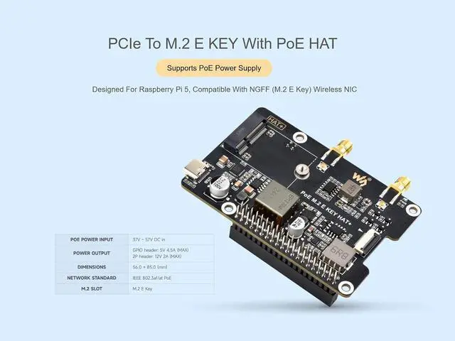 Alt view image 2 of 7 - PCIe to M.2 E Key with PoE HAT Expansion Board for Raspberry Pi 5, Support Various 2230 Size NGFF (M.2 E Key) Wireless NIC, Support Power Over Ethernet, IEEE 802.3af/at PoE Network Standard