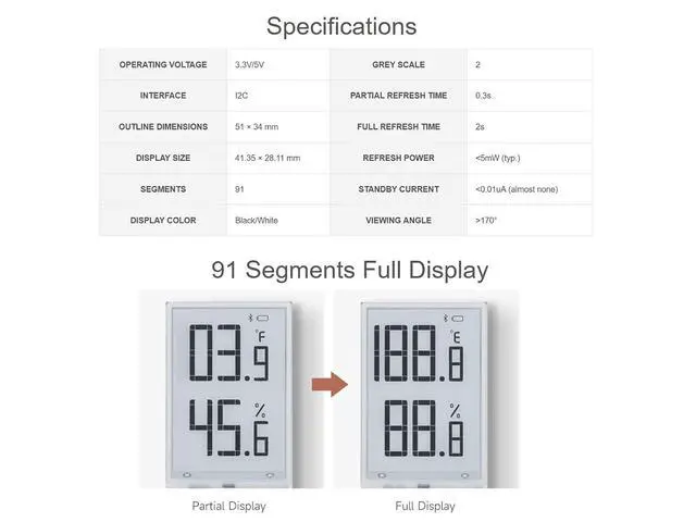 Alt view image 4 of 7 - 1.9inch E-Paper Module 91 Segments E-Ink Display for Raspberry Pi/Arduino/STM32, Black/White Display Color, I2C Bus, Support Partial Refresh, 3.3V/5V