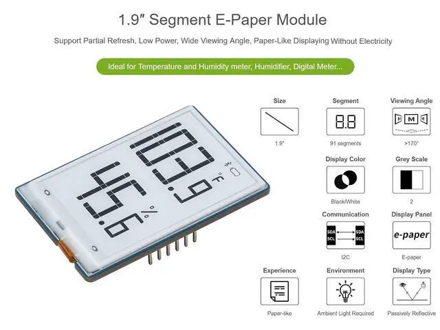 Alt view image 3 of 7 - 1.9inch E-Paper Module 91 Segments E-Ink Display for Raspberry Pi/Arduino/STM32, Black/White Display Color, I2C Bus, Support Partial Refresh, 3.3V/5V