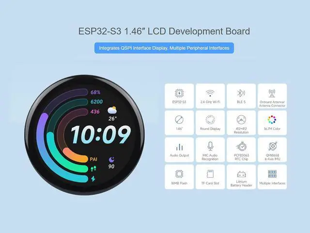 Alt view image 2 of 7 - ESP32-S3 1.46inch LCD Round Touch Display Development Board, 412×412 Pixel, 16.7M Color, Supports Wi-Fi & Bluetooth 5, Onboard 6-Axis IMU, Speaker and Microphone etc. Multiple Interfaces