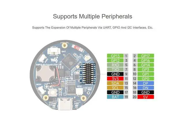 Alt view image 6 of 7 - ESP32-S3 1.46inch LCD Round Touch Display Development Board, 412×412 Pixel, 16.7M Color, Supports Wi-Fi & Bluetooth 5, Onboard 6-Axis IMU, Speaker and Microphone etc. Multiple Interfaces