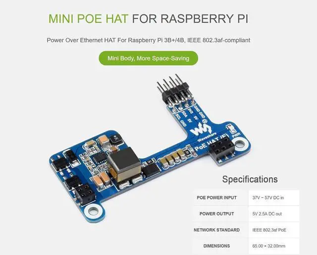 Alt view image 2 of 7 - Power Over Ethernet POE HAT for Raspberry Pi 4B/3B+, IEEE 802.3af-Compliant, Mini POE HAT Supporting Cooling Fan, Compatible with The Raspberry Pi Official Case