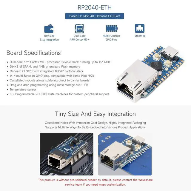 Alt view image 3 of 7 - RP2040-ETH Mini Development Board, RP2040 Ethernet Port Module, Raspberry Pi Microcontroller Development Board, Based On Official RP2040 Dual Core Processor
