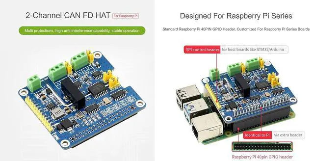 Alt view image 3 of 7 - 2-Channel Isolated CAN Bus FD Expansion HAT for Raspberry Pi, with MCP2518FD CAN Controller and MCP2562FD CAN Transceiver, Supports Original CAN2.0 and CAN FD Protocols, Multi Protection Circuits