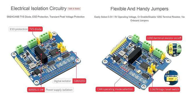 Alt view image 5 of 7 - 2-Channel Isolated CAN Bus FD Expansion HAT for Raspberry Pi, with MCP2518FD CAN Controller and MCP2562FD CAN Transceiver, Supports Original CAN2.0 and CAN FD Protocols, Multi Protection Circuits
