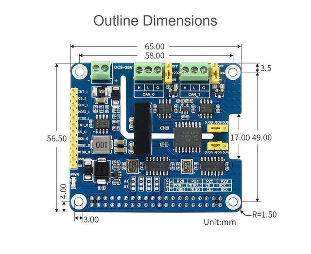 Alt view image 7 of 7 - 2-Channel Isolated CAN Bus FD Expansion HAT for Raspberry Pi, with MCP2518FD CAN Controller and MCP2562FD CAN Transceiver, Supports Original CAN2.0 and CAN FD Protocols, Multi Protection Circuits