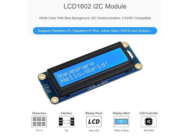 Alt view image 2 of 7 - 1602 LCD I2C Display Module, White Color with Blue Background 16x2 Characters LCD für Raspberry Pi/Raspberry Pi Pico/Jetson Nano/ESP32/Arduino, 3.3V/5V Compatible