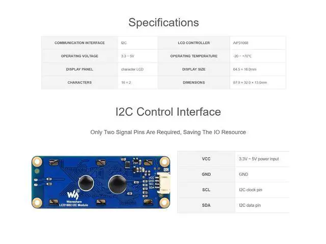 Alt view image 4 of 7 - 1602 LCD I2C Display Module, White Color with Blue Background 16x2 Characters LCD für Raspberry Pi/Raspberry Pi Pico/Jetson Nano/ESP32/Arduino, 3.3V/5V Compatible