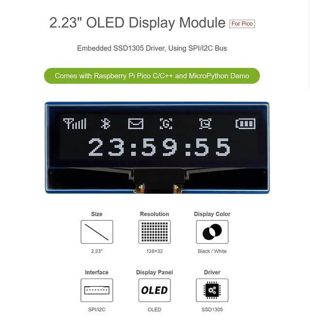 Alt view image 3 of 7 - 2.23inch OLED Display Module for Raspberry Pi Pico, 128×32 Pixel Black/White Display Color Embedded SSD1305 Driver 4-Wire SPI/I2C Interface 3.3V/5V Operating Voltage