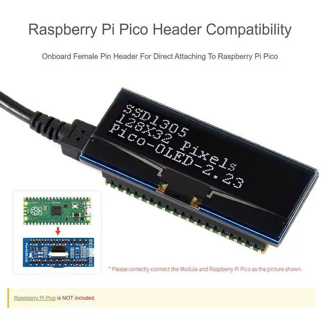 Alt view image 4 of 7 - 2.23inch OLED Display Module for Raspberry Pi Pico, 128×32 Pixel Black/White Display Color Embedded SSD1305 Driver 4-Wire SPI/I2C Interface 3.3V/5V Operating Voltage