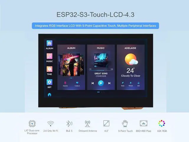 Alt view image 2 of 7 - 4.3inch Capacitive Touch Display Based on ESP32-S3 Microcontroller Development Board with 2.4GHz WiFi and BLE 5 Support, 800×480 Resolution, 5-Point Touch, Onboard CAN, RS485, I2C Interface