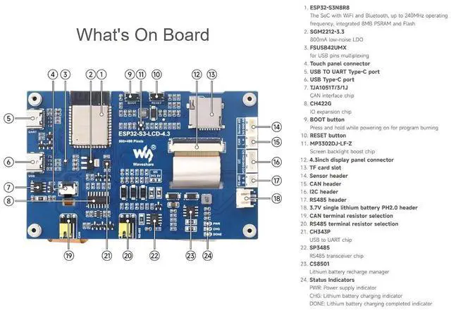 Alt view image 5 of 7 - 4.3inch Capacitive Touch Display Based on ESP32-S3 Microcontroller Development Board with 2.4GHz WiFi and BLE 5 Support, 800×480 Resolution, 5-Point Touch, Onboard CAN, RS485, I2C Interface