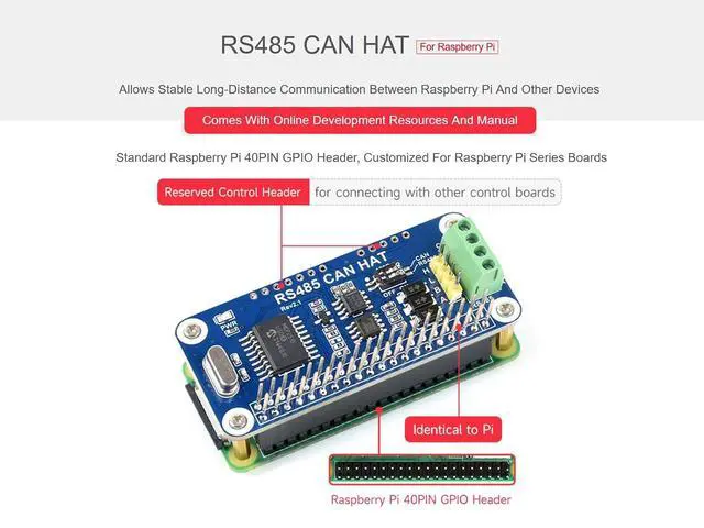 Alt view image 3 of 7 - RS485 CAN HAT for Raspberry Pi 4 3/2/1 Model B B+ A+, Onboard CAN Controller MCP2515 via SPI Interface, Transceiver SN65HVD230 and SP3485, Allow Long-Distance Communication via RS485/CAN Function