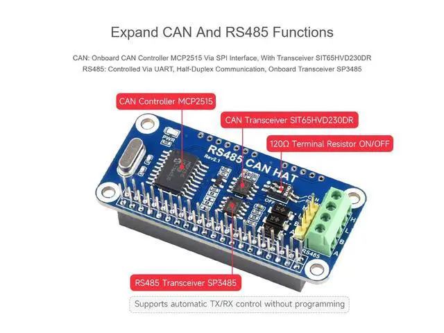 Alt view image 4 of 7 - RS485 CAN HAT for Raspberry Pi 4 3/2/1 Model B B+ A+, Onboard CAN Controller MCP2515 via SPI Interface, Transceiver SN65HVD230 and SP3485, Allow Long-Distance Communication via RS485/CAN Function
