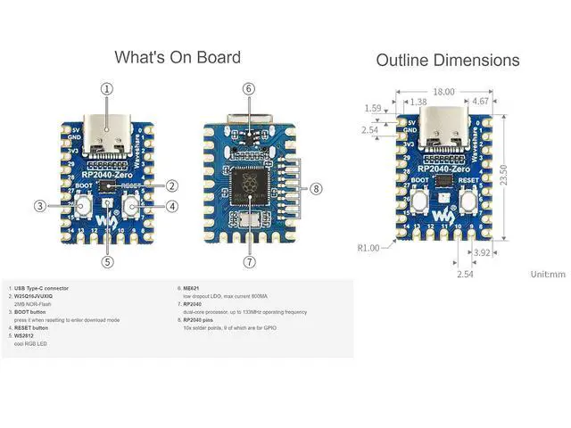 Alt view image 6 of 6 - RP2040 Zero MCU Board with Pre-soldered Pinheader, Pico-Like MCU Board Based on Raspberry Pi Microcontroller RP2040, High Operating Performance, Onboard USB-C Connector, Tiny Size Easy Integration