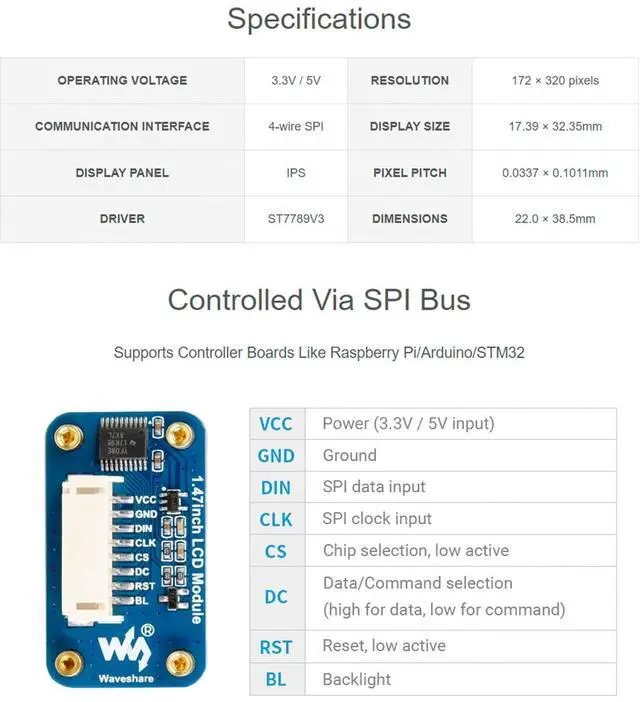 Alt view image 3 of 7 - 1.47inch LCD Display Module for Raspberry Pi, Arduino, STM32, 172x320 Pixels, IPS Screen, 262K RGB Colors, Rounded Corners, 4-Wire SPI Interface, 3.3V / 5V