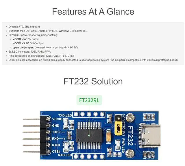 Alt view image 5 of 7 - FT232RL USB to TTL Adapter Board (Type C) 3.3V/5V USB to UART/TTL Serial Converter Module Supports Mac OS, Windows 7/8/8.1/10/11, Android, Linux, Wince