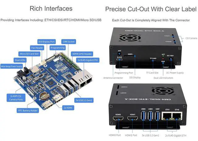 Alt view image 4 of 7 - Dual Gigabit Ethernet Mini-Computer Based on Raspberry Pi Compute Module 4 (NOT Included), CM4 Dual ETH Base Inside, Metal Case, with Cooling Fan, Fast and Easy to Build a CM4 Mini PC