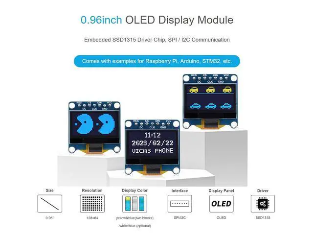 Alt view image 3 of 7 - 0.96inch OLED Display Module for Raspberry Pi/Arduino/STM32, 128×64 Pixels Screen, Upper Yellow & Lower Blue Display Color, 4-Wire SPI / I2C Communication Interfaces, 3.3V / 5V