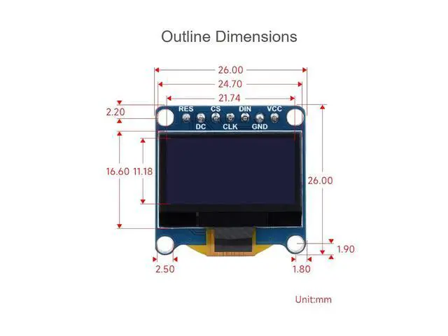 Alt view image 7 of 7 - 0.96inch OLED Display Module for Raspberry Pi/Arduino/STM32, 128×64 Pixels Screen, Upper Yellow & Lower Blue Display Color, 4-Wire SPI / I2C Communication Interfaces, 3.3V / 5V