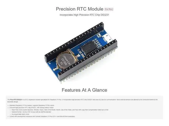 Alt view image 4 of 7 - Precision RTC Module for Raspberry Pi Pico Mini Board, Incorporates High Precision Real-Time Clock Chip DS3231, Uses I2C Bus for Communication, with Female Pin Header Stackable Design