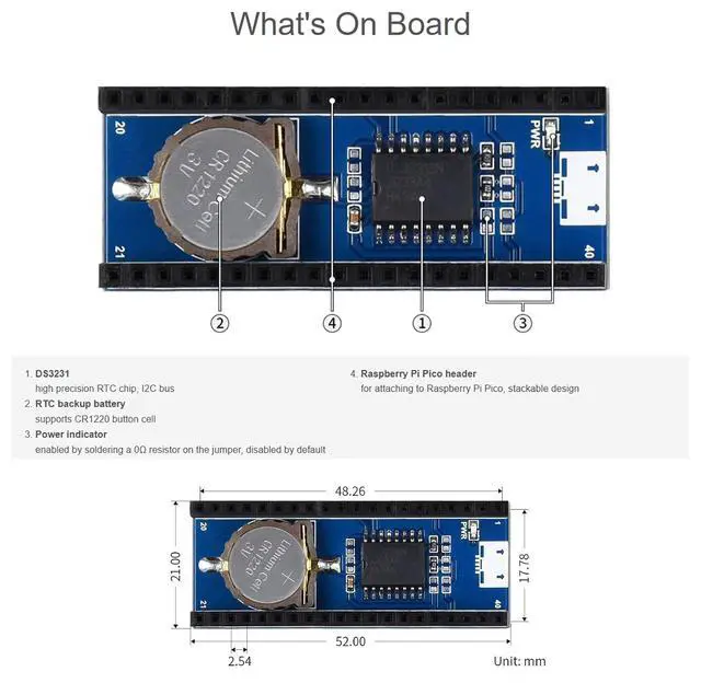 Alt view image 7 of 7 - Precision RTC Module for Raspberry Pi Pico Mini Board, Incorporates High Precision Real-Time Clock Chip DS3231, Uses I2C Bus for Communication, with Female Pin Header Stackable Design