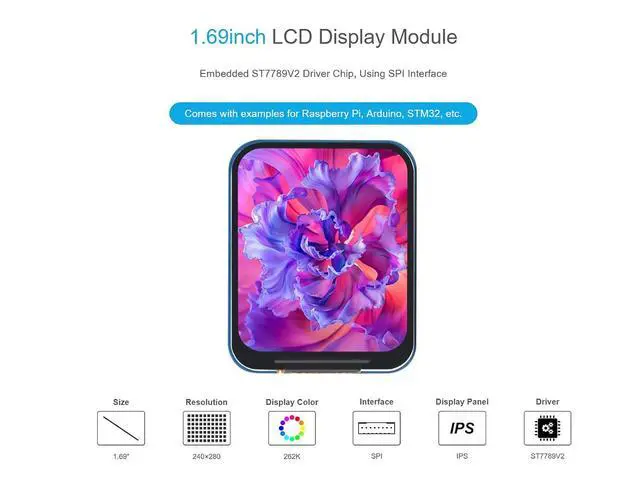 Alt view image 2 of 5 - 1.69inch LCD Display Module for Raspberry Pi/Arduino / STM32 Controller Boards, 240×280 Pixels 262K Colors IPS Screen Embedded ST7789V2 Driver Chip, SPI Interface, 3.3V / 5V