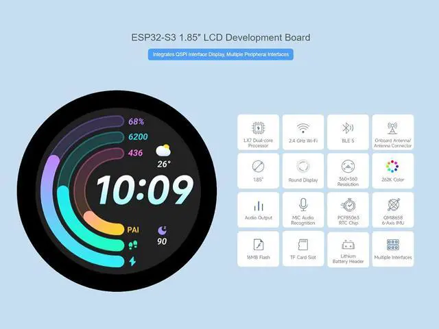 Alt view image 2 of 7 - ESP32-S3 1.85inch LCD Touch Display Development Board, 360×360 Pixel 262K Color Round LCD with ESP32-S3, Supports Wi-Fi & Bluetooth 5, Onboard Audio Decoder, Microphone, 6-Axis Sensor etc.