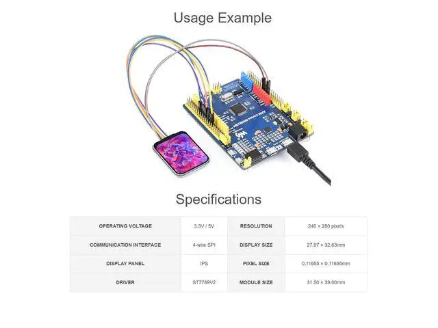 Alt view image 3 of 5 - 1.69inch LCD Display Module for Raspberry Pi/Arduino / STM32 Controller Boards, 240×280 Pixels 262K Colors IPS Screen Embedded ST7789V2 Driver Chip, SPI Interface, 3.3V / 5V