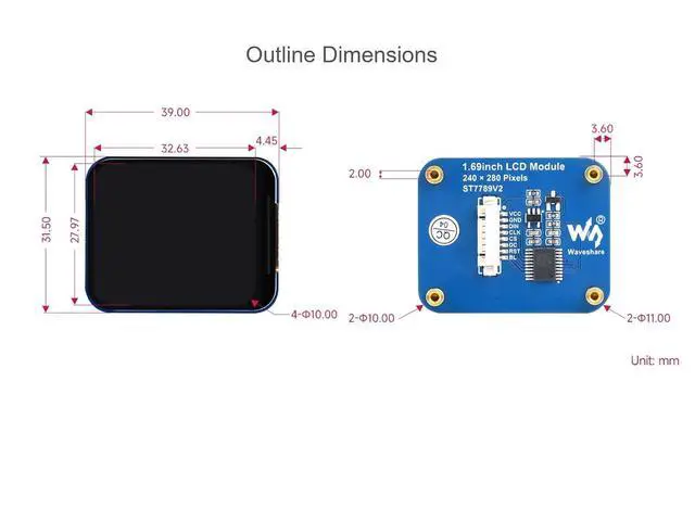 Alt view image 5 of 5 - 1.69inch LCD Display Module for Raspberry Pi/Arduino / STM32 Controller Boards, 240×280 Pixels 262K Colors IPS Screen Embedded ST7789V2 Driver Chip, SPI Interface, 3.3V / 5V