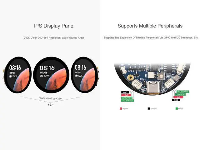 Alt view image 3 of 7 - ESP32-S3 1.85inch LCD Display Development Board, 360×360 Pixel 262K Color Round LCD with ESP32-S3, Supports Wi-Fi & Bluetooth 5, Onboard Audio Decoder, Microphone, 6-Axis Sensor etc.