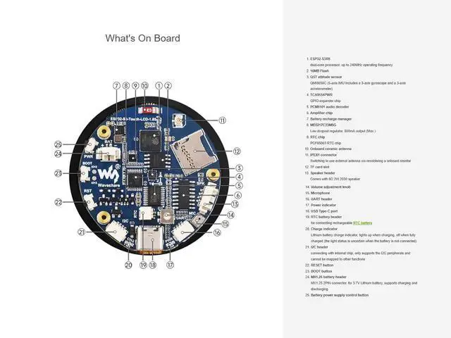 Alt view image 7 of 7 - ESP32-S3 1.85inch LCD Touch Display Development Board, 360×360 Pixel 262K Color Round LCD with ESP32-S3, Supports Wi-Fi & Bluetooth 5, Onboard Audio Decoder, Microphone, 6-Axis Sensor etc.