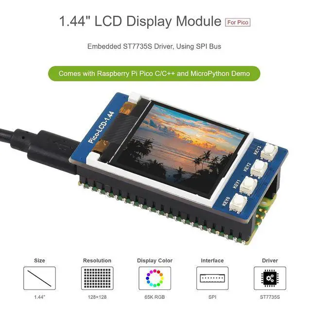 Alt view image 4 of 7 - 1.44 inch LCD Display for Raspberry Pi Pico, 128×128 Color Screen TFT Display Module SPI Interface, Embedded ST7735S Driver, Compatible with Raspberry Pi Pico Header