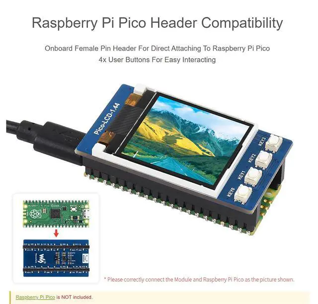 Alt view image 5 of 7 - 1.44 inch LCD Display for Raspberry Pi Pico, 128×128 Color Screen TFT Display Module SPI Interface, Embedded ST7735S Driver, Compatible with Raspberry Pi Pico Header