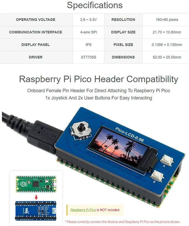 Alt view image 3 of 7 - 0.96 inch LCD Display for Raspberry Pi Pico, 65K Colors Display Module, IPS Screen, 160×80 Pixels, Embedded ST7735S Driver, Using SPI Bus, Compatible with Raspberry Pi Pico Header