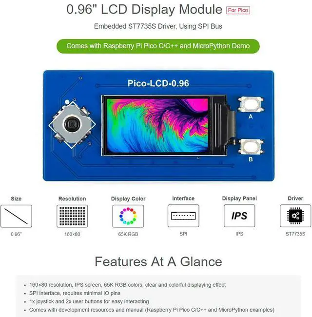 Alt view image 2 of 7 - 0.96 inch LCD Display for Raspberry Pi Pico, 65K Colors Display Module, IPS Screen, 160×80 Pixels, Embedded ST7735S Driver, Using SPI Bus, Compatible with Raspberry Pi Pico Header