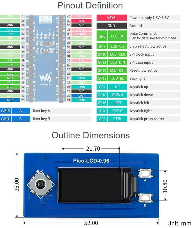 Alt view image 6 of 7 - 0.96 inch LCD Display for Raspberry Pi Pico, 65K Colors Display Module, IPS Screen, 160×80 Pixels, Embedded ST7735S Driver, Using SPI Bus, Compatible with Raspberry Pi Pico Header