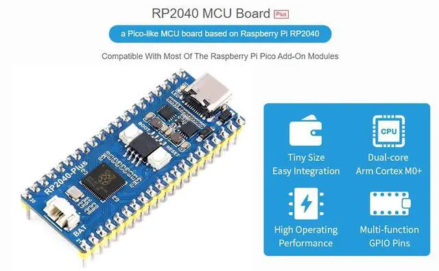Alt view image 3 of 7 - RP2040-Plus with Header, Pico-Like MCU Board Based on Raspberry Pi RP2040 Chip, Dual-core Arm Processor, Onboard 4MB Flash, USB-C Connector, Recharge Header, and Higher Current DC-DC Chip