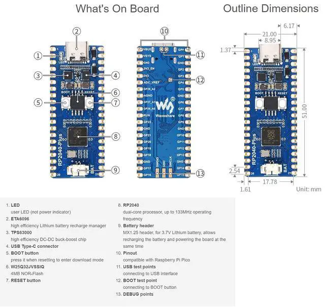 Alt view image 6 of 7 - RP2040-Plus with Header, Pico-Like MCU Board Based on Raspberry Pi RP2040 Chip, Dual-core Arm Processor, Onboard 4MB Flash, USB-C Connector, Recharge Header, and Higher Current DC-DC Chip