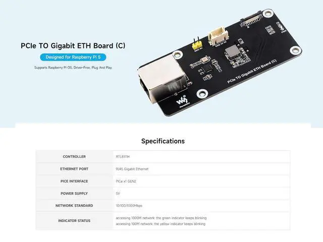 Alt view image 2 of 6 - PCIe to Gigabit ETH Board for Raspberry Pi 5, PCIe Adapter Support Raspberry Pi OS, Support Power Supply via PCIe Cable, Driver-Free, Plug and Play